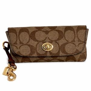Coach Gold & Khaki Sunglasses Case In Signature Canvas Leather Turnlock Wallet